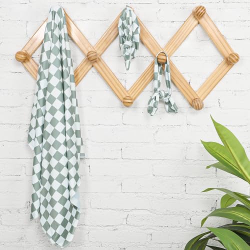 Image of TANOFAR 4-Pack Newborn Swaddle Blanket for Baby Girls & Boys, Ultra Soft Receiving Blankets with Matching Headband and Beanie Set Baby Nursery Swaddle Wrap, Grey Green Checkerboard