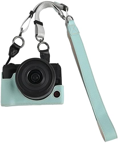 CYBERGARAGE・EOS R50 V ケース カメラケース PUレザーハーフケース ショルダーストラップ 肩掛け ショルダーベルト付き 肩掛けベルト付き For canon キヤノン イオス R50V カバー カメラ保護 衝撃吸収(ライトブルー)