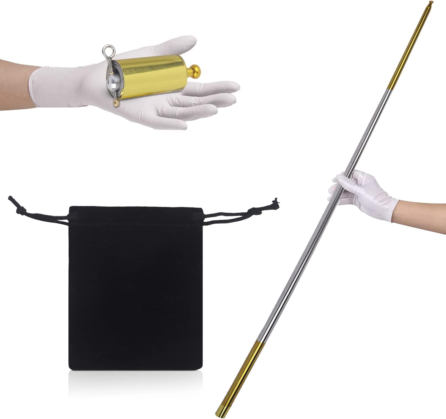 Pocket Staff Magic Telescopic Stick | Elevated Staff Stick w/Velvet Carry Bag I Collapsible bo Retractable Expandable Bow Extendable Portable Expanding Metal Cane Pop Out Wands (150cm, Silver,Gold)