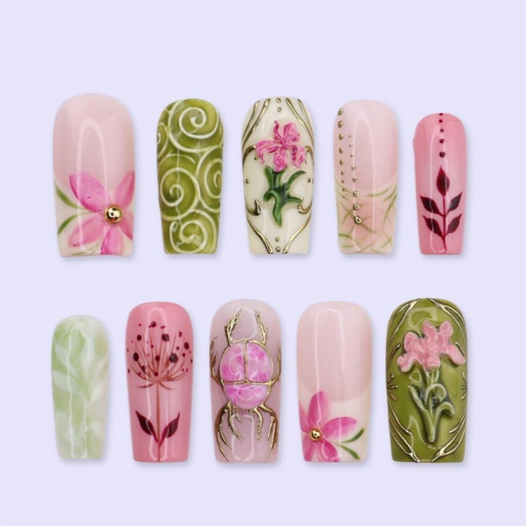 Handmade Pink & Olive Green Gel Press On Nails, 3D Gold Scarab Beetle & Vintage Florals, Reusable Medium Almond Fake Nails with Prep Kit, Spring Botanical Museum for Women, 10 Pcs
