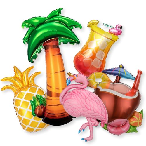Image of 5pcs Hawaiian Theme Balloon Set - Tropical Party Decorations - Palm Trees Flamingo Coconut Pineapple Foil Balloons for Birthday Party Luau Weddings Graduations Summer Pool Party Decor Supplies