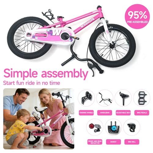 Image of WinHope 12-18 Inch Kids Bike with Light up Training Wheels for Boys Girls | Dual Brake Bicycle with Basket Adjustable Seat Water Bottle for Summer Riding Birthday Gift for Toddler 2-9 Years