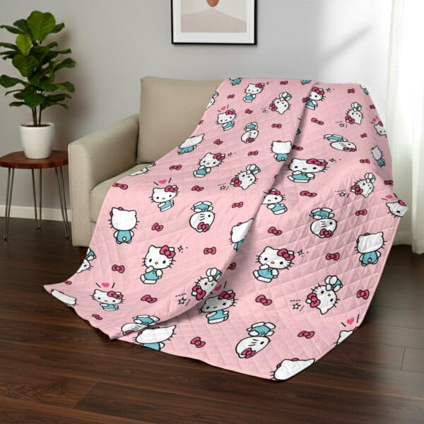 Image of Northwest Hello Kitty Sweet As Can Be Reversible Quilted Throw, Kawaii Cozy Fantasy Throw, Gift for Anime Fans or Game Room Decor, 90 x 90 Inches