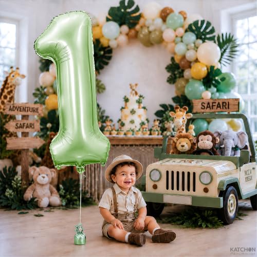 Image of KatchOn Sage Green Number 1 Balloon for 1st Birthday Decorations - 40 Inch