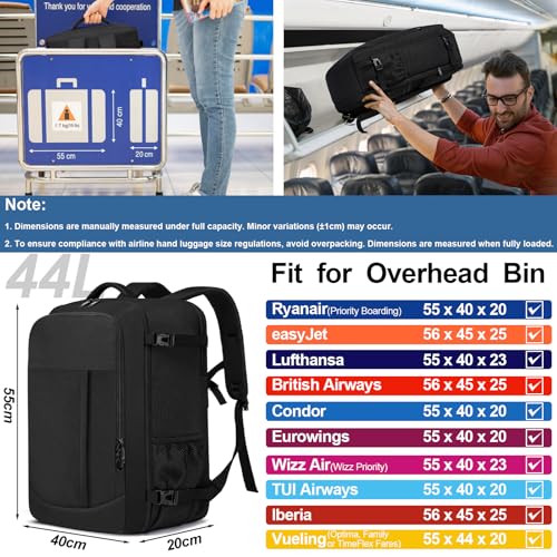 LIGSAN Handgepäck Rucksack 55x40x20 Handgepäck Rucksack für Flugzeug 44L Groß Reiserucksack Handgepäck Tasche 55x40x20cm Reisetasche 55x40x20 Carry-On Rucksack Handgepäck für 18 zoll Laptop, Schwarz