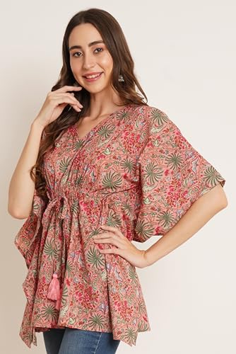 Image of COTLAND Fashions Jaipuri Cotton Kimono Sleeves Printed Longline Kaftan Top for Women