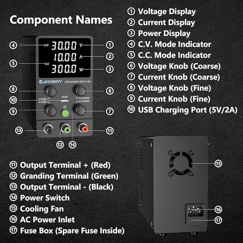 Image of DC adjustable laboratory power supply (30V 10A), Jesverty DC power supply with precision 4 digit LED display, 5V /2A USB port, coarse and accurate adjustment