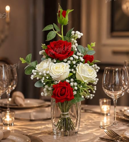 Image of Divyakosh Artificial Flowers for Home Decoration, Flora for Decor | Artificial Flowers for Vase (VASE NOT Included) Decorative Items for Living Room, Artificial Flowers Bunch 7 Roses (Red & White) |