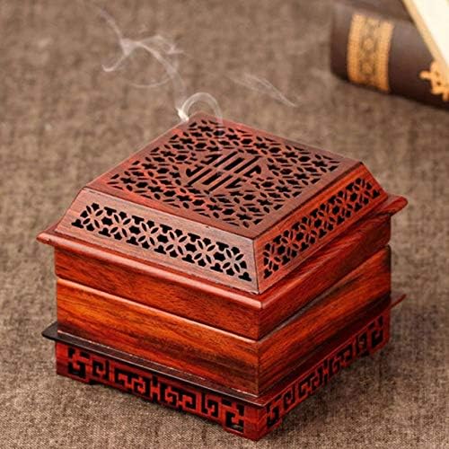 ZAMTAC Red Acid Branch Pan Oven Sandalwood Box Mahogany Handicraft Wood Carving Piece Solid Wood Quadrangle Double Plate Incense Box - (Color: Dark Khaki)