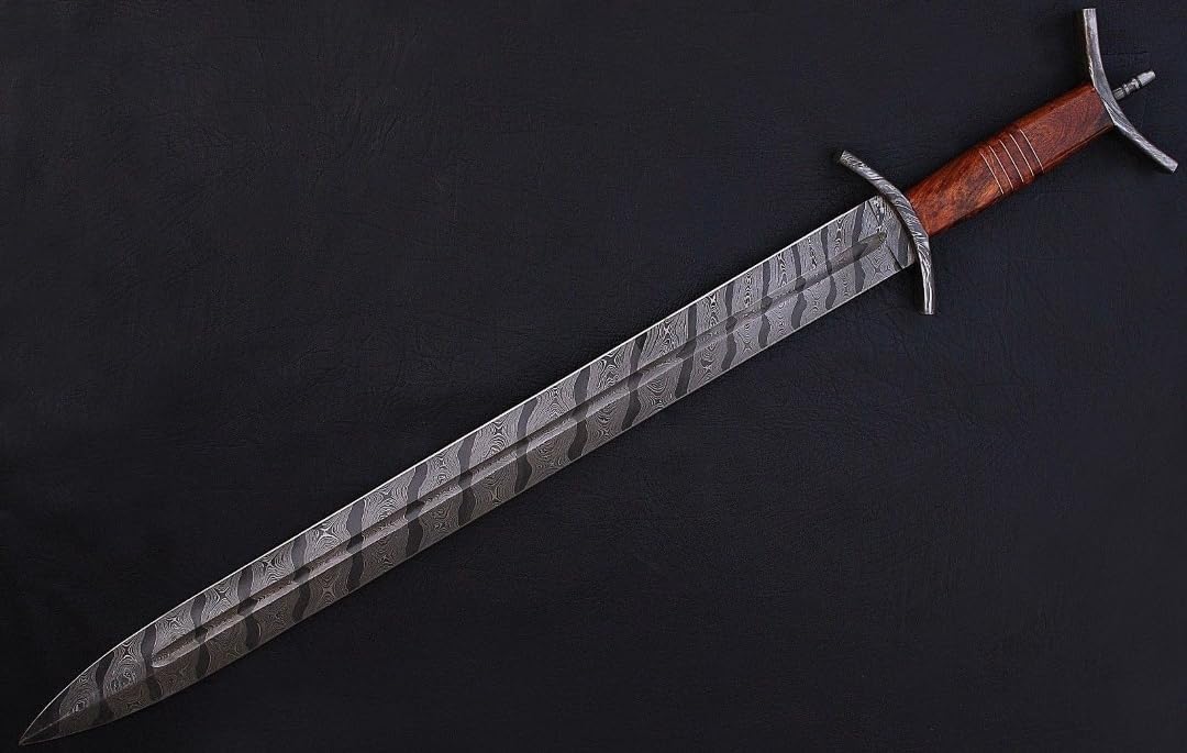 Empire 32 Inch Long Double Edge Sword - Handmade Damascus Steel Cable Twist Pattern Combat Sword with Leather Sheath, Rose Wood Grip, Medieval Sword - Collectible, Best Gift for Him