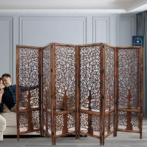 Image of Wooden Room Partition /Screen /Room Divider /Room Separator Traditional Handicrafts 6Ft (Dark Brown) (Tree 6 Panel)