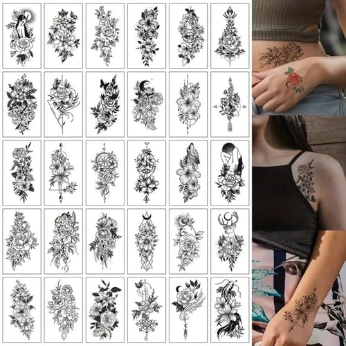 S.A.V.I 30 Pcs Black Floral Temporary Tattoos for Women & Girls | Waterproof, Non-Toxic, Safe Body Art Stickers | Long-Lasting Arm, Shoulder, Back Mehndi Style Design | Easy to Apply & Remove (07)