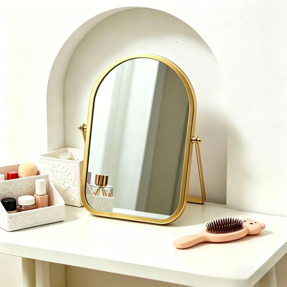Hosoncovy Metal Frame Desktop Mirror with Stand,Arched shaped Tabletop Makeup Mirror Free Standing for Bathroom Bedroom Dressing Table (Gold)