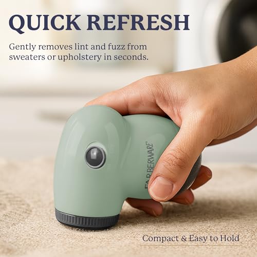 Image of Farberware Fabric Shaver & Lint Remover for Clothing, Small, Portable | Triple blade sweater shaver removes pilling, fuzz, and lint balls from clothes, couch, and furniture, battery operated