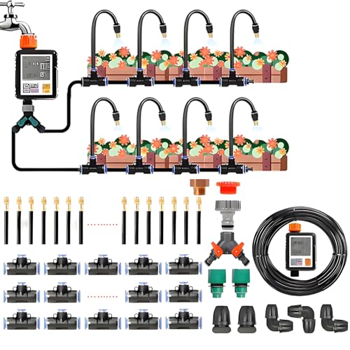 Kit de riego por goteo de bricolaje - Sistema automático de riego de jardín para césped, camas elevadas e invernaderos, 98 pies con adaptadores de
