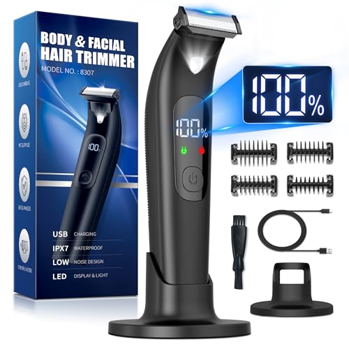Intimrasierer Mann, Rasierer Herren Elektrisch mit LED für Nass- & Trockenrasur Bartschneider Herren Inkl. 4 Aufsätzen, Storage Dock & USB-C Kabel, Trimmer Herren für Gesicht und Körper