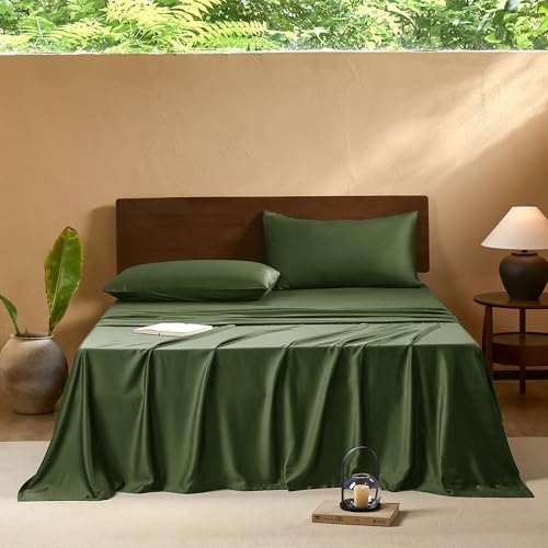 Image of EVERLY Twin Sheets Set,Luxuriously 400 Thread Count Organic Viscose Derived from Bamboo Bed Sheet,Cooling Sheets for Twin Size 3 Piece Deep Pockets Bedding Sheets &Pillowcases-Dark Green