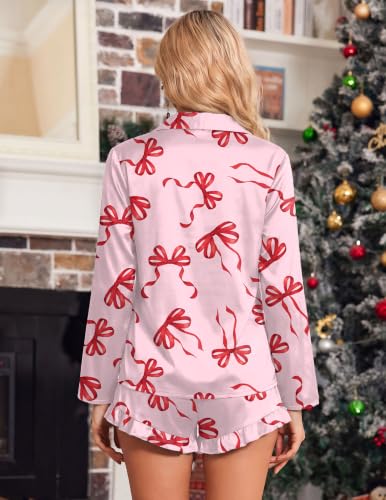 Image of Ekouaer Womens Satin Pajama Sets Cute Button Down Silk Pjs with Ruffle