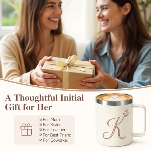 12oz Insulated Coffee Mug with Handle and Lid, Stainless Steel Spill Proof Travel Mugs, Personalized Monogrammed A-Z Floral Double Wall Tumbler for Home Office, Gifts for Women Mom Wife Her (K) - Image 2