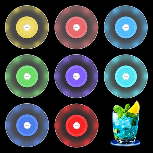 Joycabin 8 Stück LED Untersetzer Bunt LED Untersetzer Leuchtende mit 7 Lichtmodi Getränke Untersetzer wasserdichte Leuchtende Untersetzer für Partys Hochzeiten Bar Weihnachten