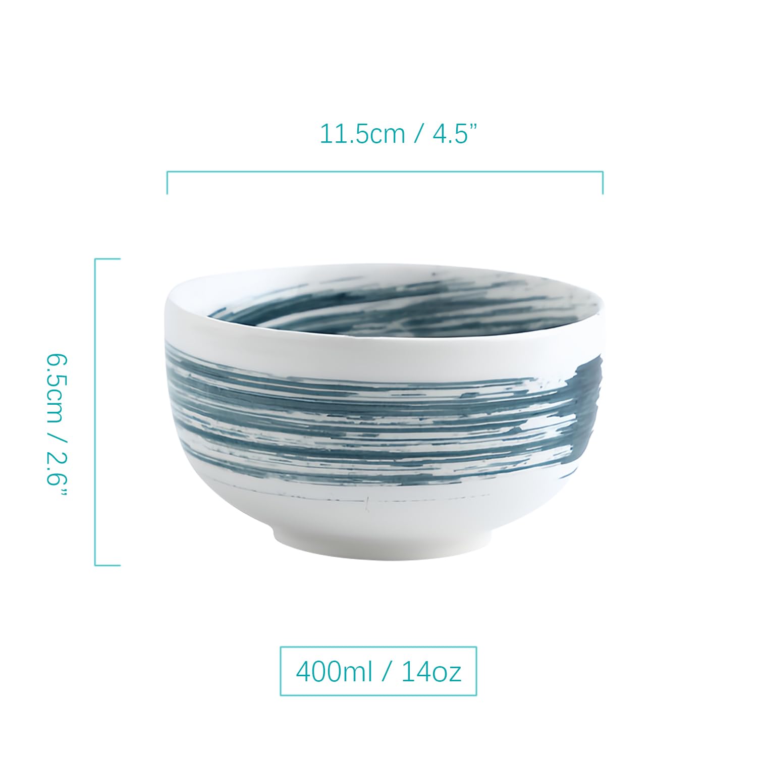 Müslischüssel-Set, 400 ml, Suppenschüsseln, mikrowellengeeignet, Frühstücksschalen, Reisschalen, Keramik-Müslischalen (Blau und Weiß, 4 Stück)