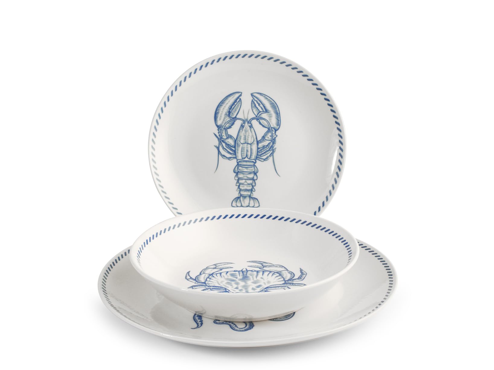 H&H – Vajilla de 18 piezas Ocean, porcelana decorada con forma coupe, apta para microondas y lavavajillas