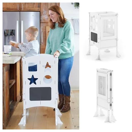 Guidecraft Classic Kitchen Helper Stool - White W/Keeper and Non-Slip Mat: Foldable, Adjustable Height Safety Cooking Stool for Toddlers with Chalkboard and Whiteboard Message Boards