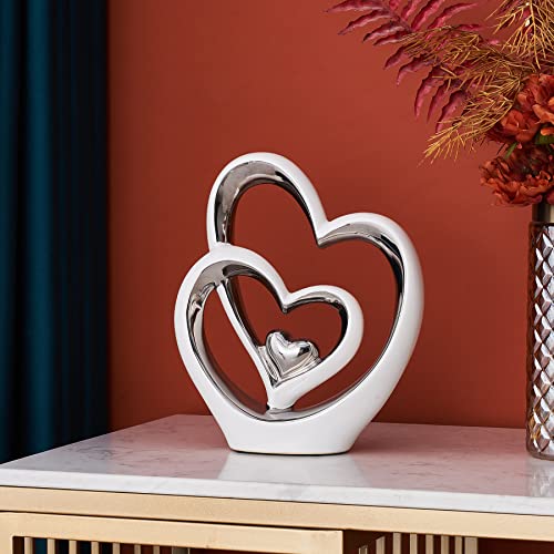 Fjs Heart Statue For Living Room Decor, Couple Love Sculpture, Modern Ceramic Statue, Love Figurines For Home Living Room Bedroom Decor, Wedding Valentine's Day Romantic Gift (A, White And Silver) #TOP1