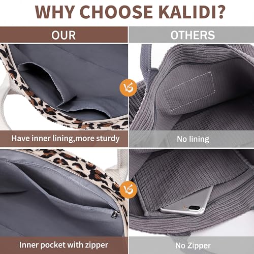 Image of KALIDI Corduroy Tote Bag, Large Slouchy Hobo Messenger Crossbody Bag | Anti Splash Zipper Side Pockets Shoulder Bag Adjustable Strap Lightweight Casual Work Shopping Women