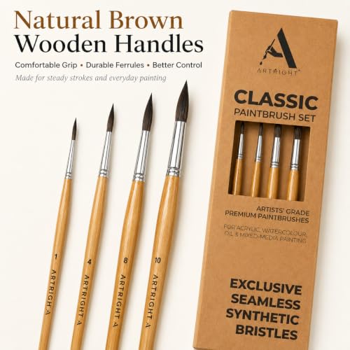 Image of Round Artist Paintbrush Set of 4Pcs, Natural Brown Handle Brushes for Fine Detailing, Line Work, Broad Strokes, Ideal for Acrylic, Watercolor Painting, Best for Beginner & Professional
