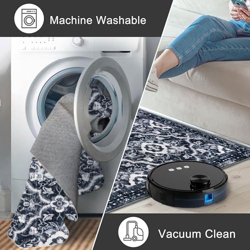 KILOCOCO 5x7 Area Rug, Moroccan Super Soft Washable Living Room Vintage Rug, Non-Slip Large Print Faux Wool Throw Indoor Rug for Entryway Bedroom Office Carpet, Black/Navy Blue White