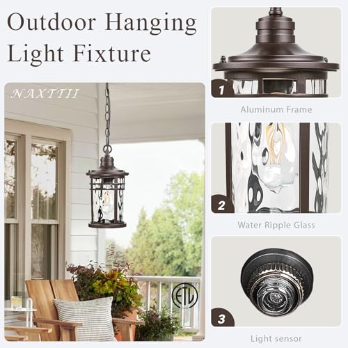 Image of Outdoor Hanging Lantern Light Dusk to Dawn Hanging Porch Light Anti-Rust Aluminum Outdoor Chandelier for Front Door Gazebo E26 Socket Oil Rubbed Bronze Finish