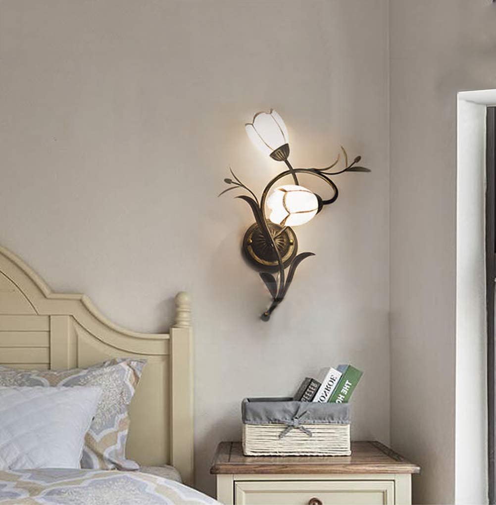 Apliques de Pared Rústica Forma de Flor, Lámpara De Pared De Metal Bronce Antiguo, Lámpara de Cabecera de Dormitorio Shabby Chic, 2 Luces Pantallas de Vidrio, para Salón, Pasillo, Cocina, E14, Right