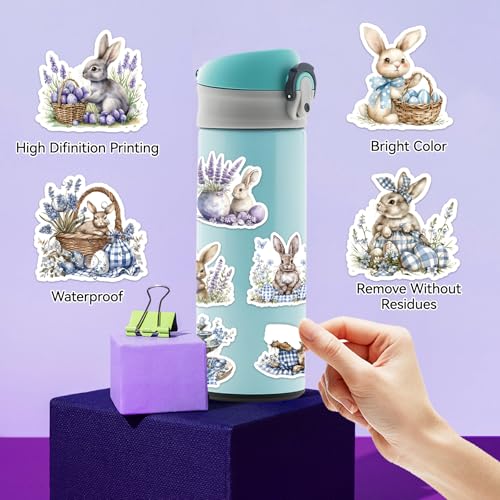 Image of 100 Pcs Easter Bunny Stickers - Watercolor Rabbit & Blue Gingham Pattern, 100 Piece Set for Easter Basket Stuffers, Party Favors, Crafts & Spring Decorations