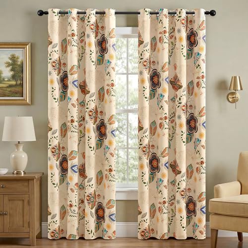 Image of XiDi Floral Patterned Curtains 90 Inch Length 2 Panels Light Beige Curtains | 100% Blackout Vintage Boho Flower Paisley Print Curtains Room Darkening Grommet Window Drapes for Living Room Bedroom 52Wx90L