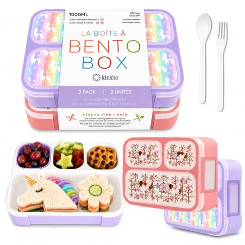 Image of kinsho Bento Box Lunch Boxes for Kids Girls, Meal and Snack Containers for Toddler Daycare, School Travel, Loncheras Para Ninas, Utensils Included (Purple Rainbow Unicorn + Pink Flowers, 2 Pack Set)