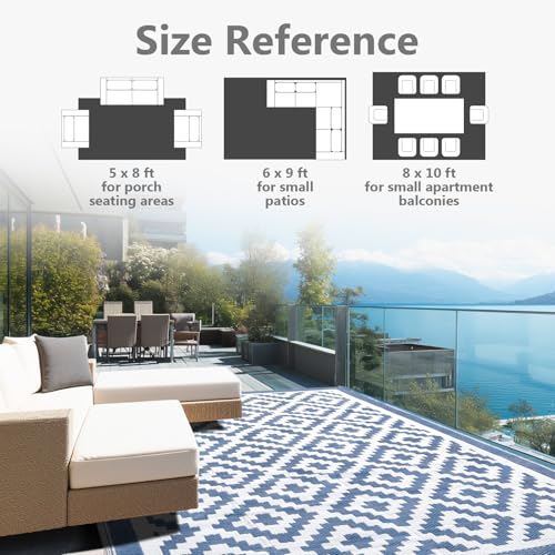 WILDPATH 6x9 ft Outdoor Rug Waterproof, Plastic Straw Patio Carpet - UV Resistant Reversible Indoor Outdoor Rugs for Porch, Camping, Poolside, RV, Balcony, Easy to Clean, Blue and White - Image 8