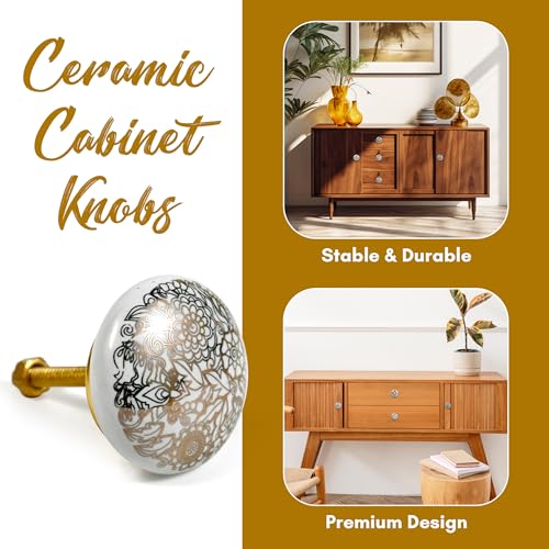 Image of Vintage Ceramic Knobs for Kids and Kitchen Cupboards, Drawers, Wardrobes, PC Cabinets, Almirahs, Dressers, Decorative Pull Handles for Dressing Table and Home Decor - Set of 8, Golden