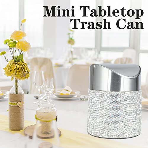 Image of KEYPOWER Bling Rhinestone Mini Trash Can Tiny Waste Can with Swing Lid Stainless Steel,Suitable for Countertop,Car,Table Desk(White)