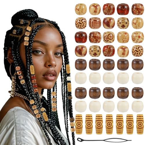60 Pcs Hair Beads Wooden Painted Beads Vintage Dreadlock Large Bead Hair Jewelry Hairs Charms Hairs Cuffs Dreadlock Accessories for Kids Women Men Crafts DIY Bracelets Necklace Braids