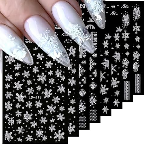 8 Sheets Christmas Nail Art Stickers for Snowflake Nail Art Designs White Glitter Nail Design 3D Self Adhesive Stickers Cute Winter Snowflake Nail Stickers Christmas Nail Art Decals for Women Manicure Cover