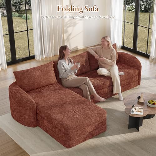 Image of Vesgantti 6 in 1 Convertible Folding Sleeper Sofa Bed, No Assembly, Orange | 110.2 inch L Shaped Modular Sectional Sofa, Curved Armrest, Deep Seat Boneless Couches for Living Room, Chenille, Left Facing