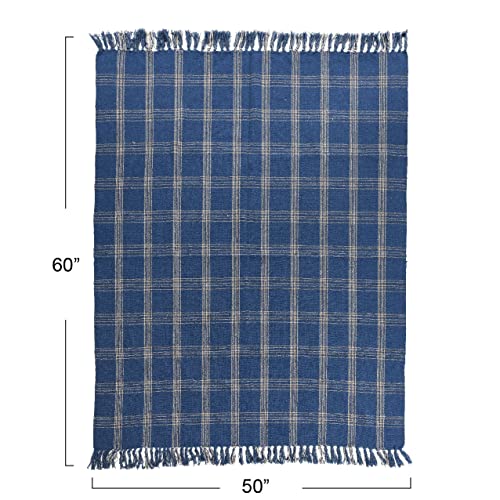 Image of Creative Co-Op Recycled Cotton Blend Throw Blanket with Fringe, Blue Plaid (Pack of 4)