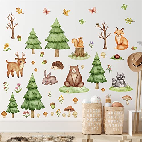 Forest Animal Wall Stickers Cartoon Tree Animal Wall Decals Green Pine Tree Wall Decals Deer Bear Woodland Nursery Decor Cute Tree Animal Wall Stickers For Kids Room Bedroom Decor #TOP1
