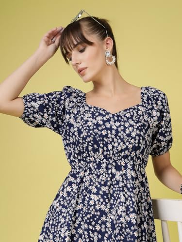 Image of OOMPH! Below Knee Shift Pink Dress in Crepe Fabric with Round Neck and Puff Sleeves - md619l