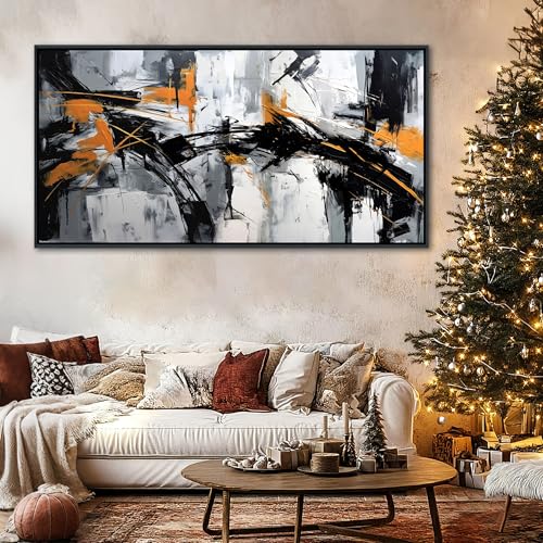 Image of Framed Large Abstract Canvas Wall Art Modern Wall Art for Living Room - Canvas Wall Decor for Office and Home - Framed Artwork for Walls Black, White, Gray and Unique Orange Accents 29x58in