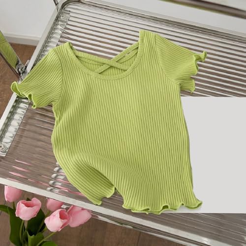 Girls Short Sleeve Ribbed Cotton Knit Shirt Baby Girl Criss-Cross Curve Hem Crop Tops Soft Comfort Plain Color Shirt2