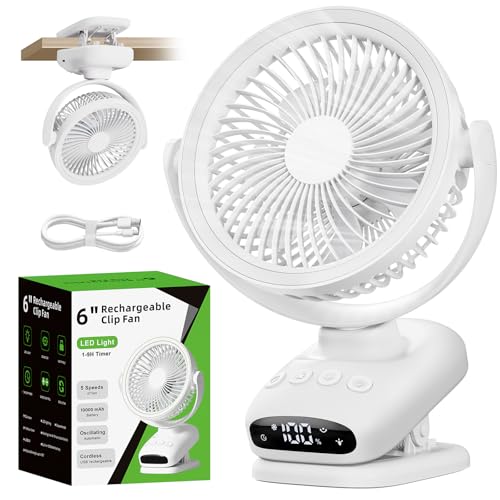 WUQNGI Mini Ventilateur Silencieux, 10000mAh USB Rechargeable Ventilateur de Table, Pince Ventilateur Bureau avec Oscillation Automatique, Minuterie et Lampe...
