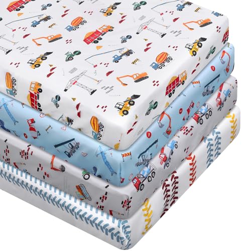Image of VitalCozy 4 Pcs Construction Truck Crib Sheet Set Baby Sheet Newborn Bedding Nursery Crib Sheets for Girl Boys Baby Gifts for Standard Crib and Toddler Mattresses, 52 x 28 x 8 Inches