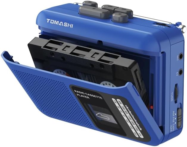 Miniatura 6 de Grabadora portátil con radio AMFM, convertidor de cinta a USB, estilo Walkman, altavoz de 200 mW, batería o USB, conector de 0.138 in, azul retro